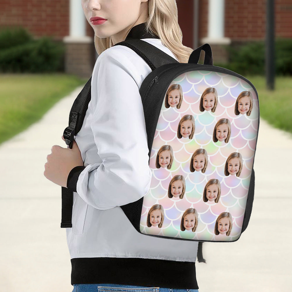 Custom Face Backpack Personalised Mermaid Color School Bag for Students