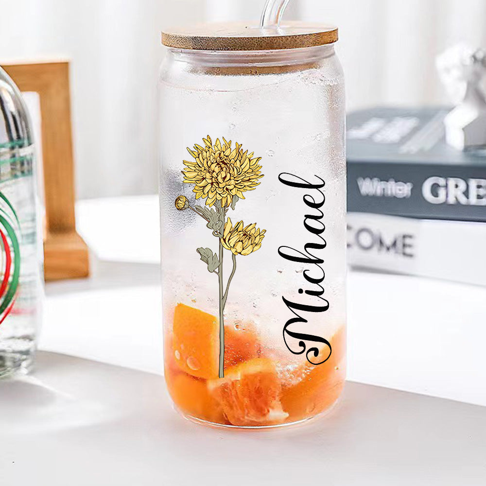 Personalized Name Can Glass with Colorful Birth Flower Custom Can Glass with Straw Gift for Mother Friends Family Bridesmaid