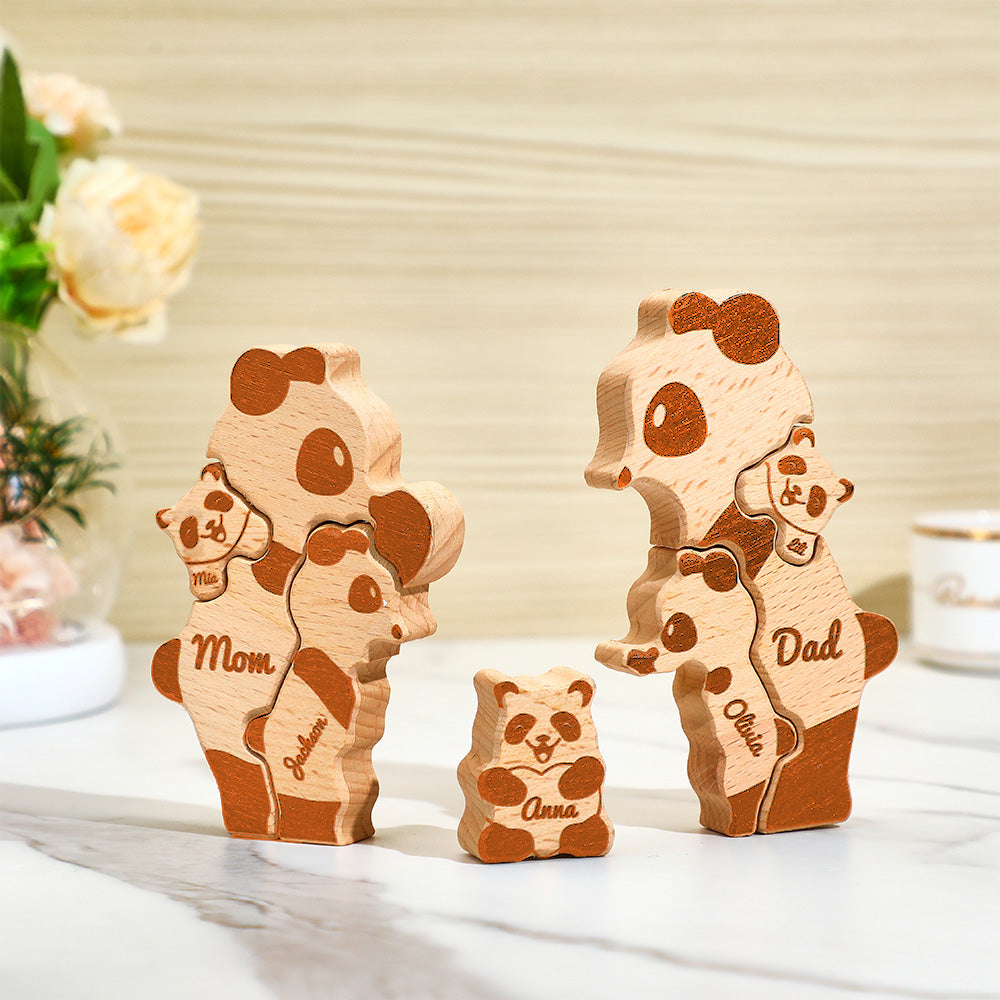 Custom Names Wooden Pandas Family Block Puzzle Home Decor Gifts