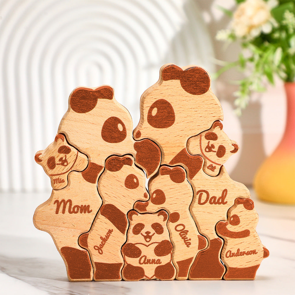 Custom Names Wooden Pandas Family Block Puzzle Home Decor Gifts