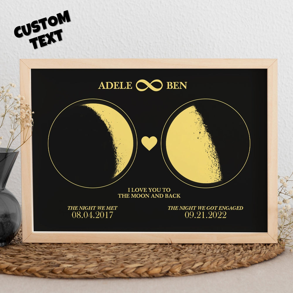 Custom Moon Phase and Names Wooden Frame with Your Text Moon Phase Gifts Collection