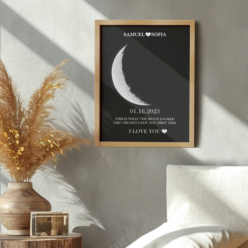 Custom Silver Moon Phase and Names Wooden Frame with Your Text Custom Couple Art Frame Best Valentine's Day Gift