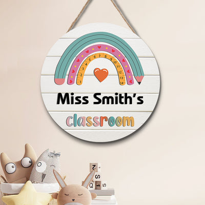 Custom Rainbow Pencil Classroom Door Sign with Name, Teacher Welcome Sign Gift - 