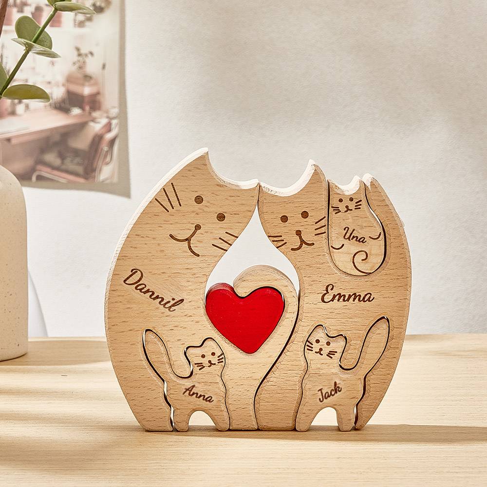 Personalized Wooden Cats Custom Family Member Names Puzzle Home Decor Gifts