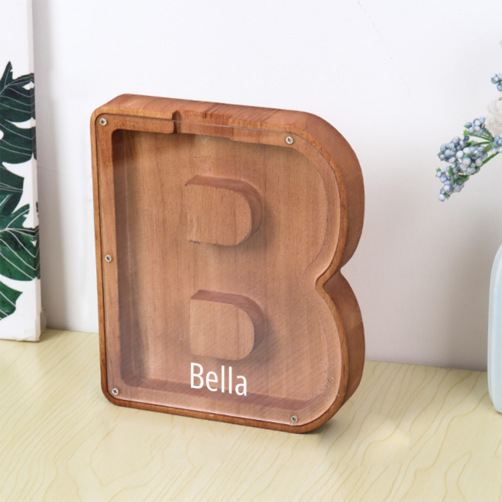 Personalized Letter Piggy Bank Custom Name Wooden Engraved Letter Money Box Gift for Kids