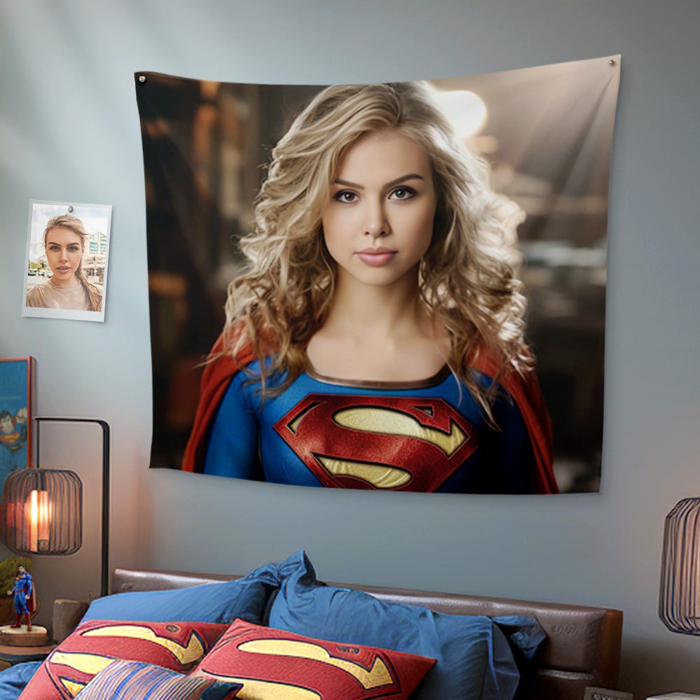 Personalized Face Superwoman Tapestry Custom Portrait from Photo Gifts for Kids / Girl