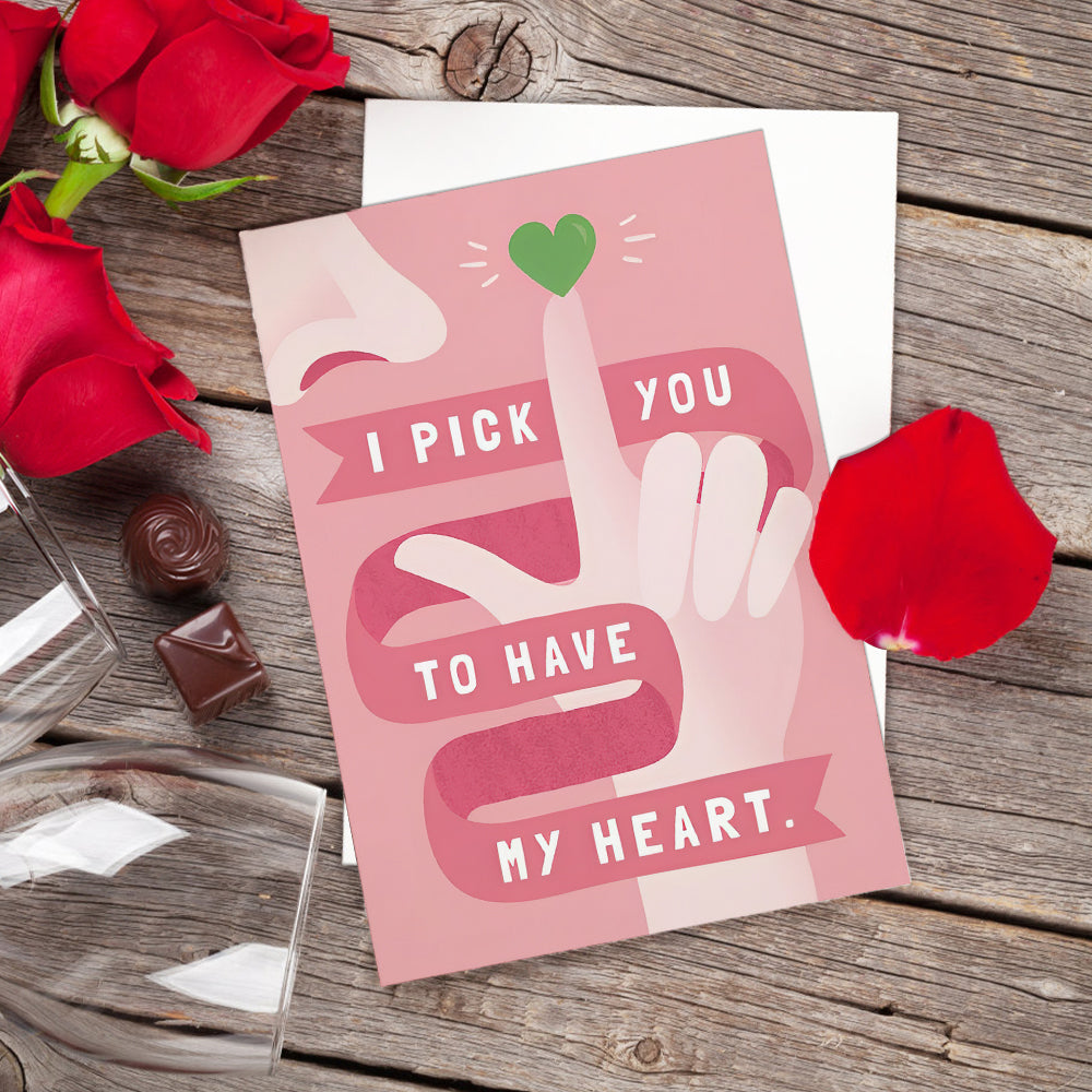 Funny I Pick You Pink Heart Greeting Card Gift for Her or Him