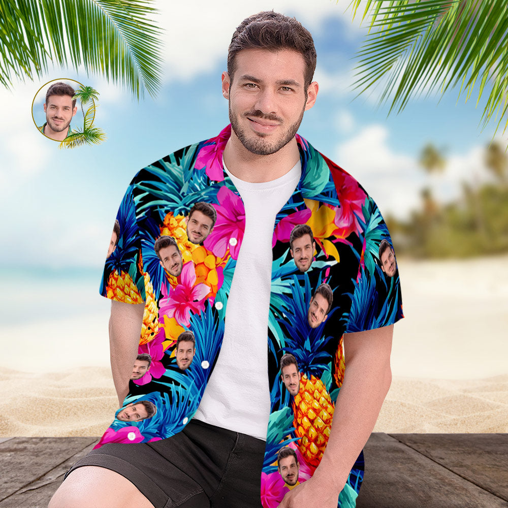 Custom Face Hawaiian Shirt All Over Print Funky Personalized Shirt - Print Leaves Flowers Pineapple