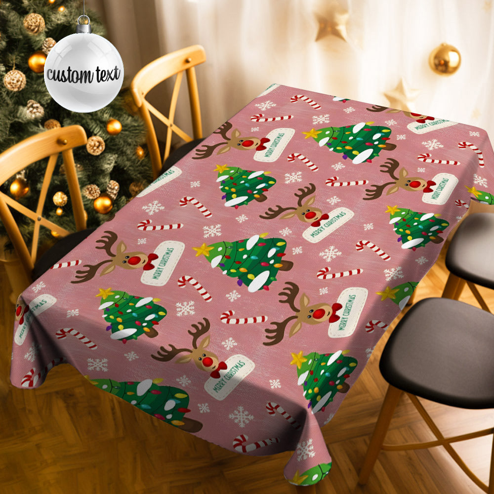 Custom Text Christmas Deer and Christmas Tree Tablecloth Personalized Washable Table Cover Christmas Gift