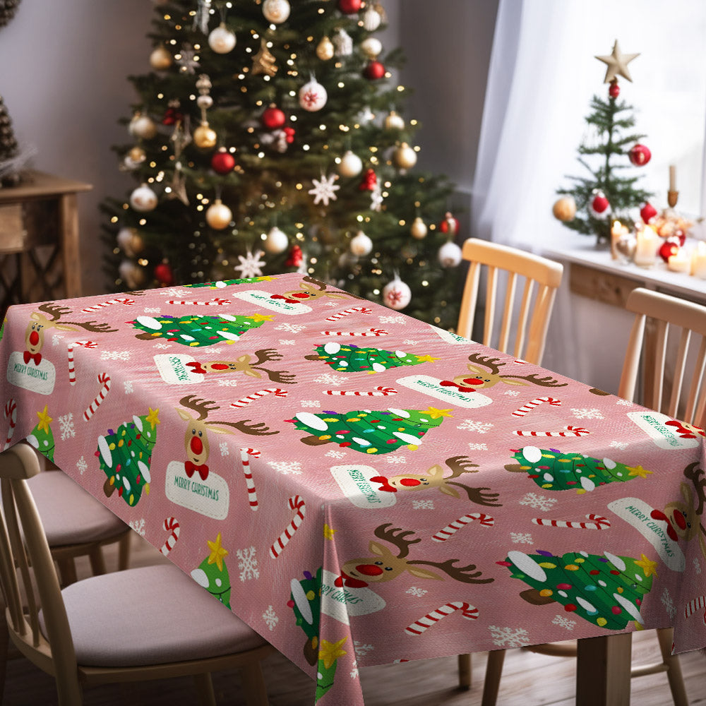 Custom Text Christmas Deer and Christmas Tree Tablecloth Personalized Washable Table Cover Christmas Gift