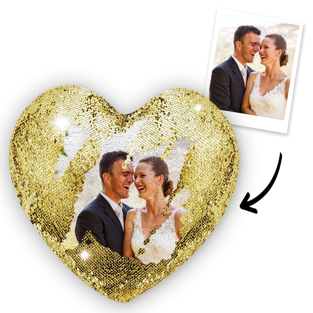 Gift for Him Custom Sweet Love Photo Magic Heart Sequins Pillow Multicolor Shiny, Best Gift For Her