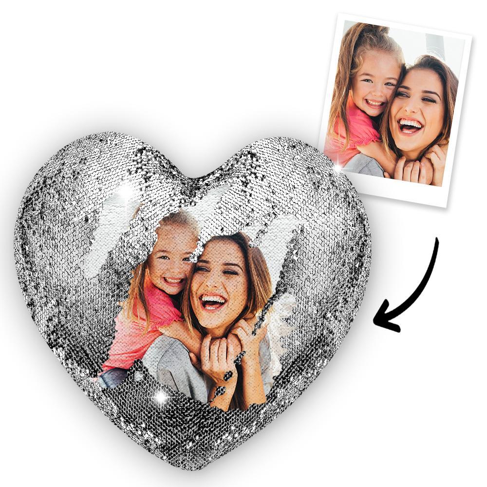 Gift for Her Custom Photo Magic Heart Sequin Pillow Multicolor Shiny