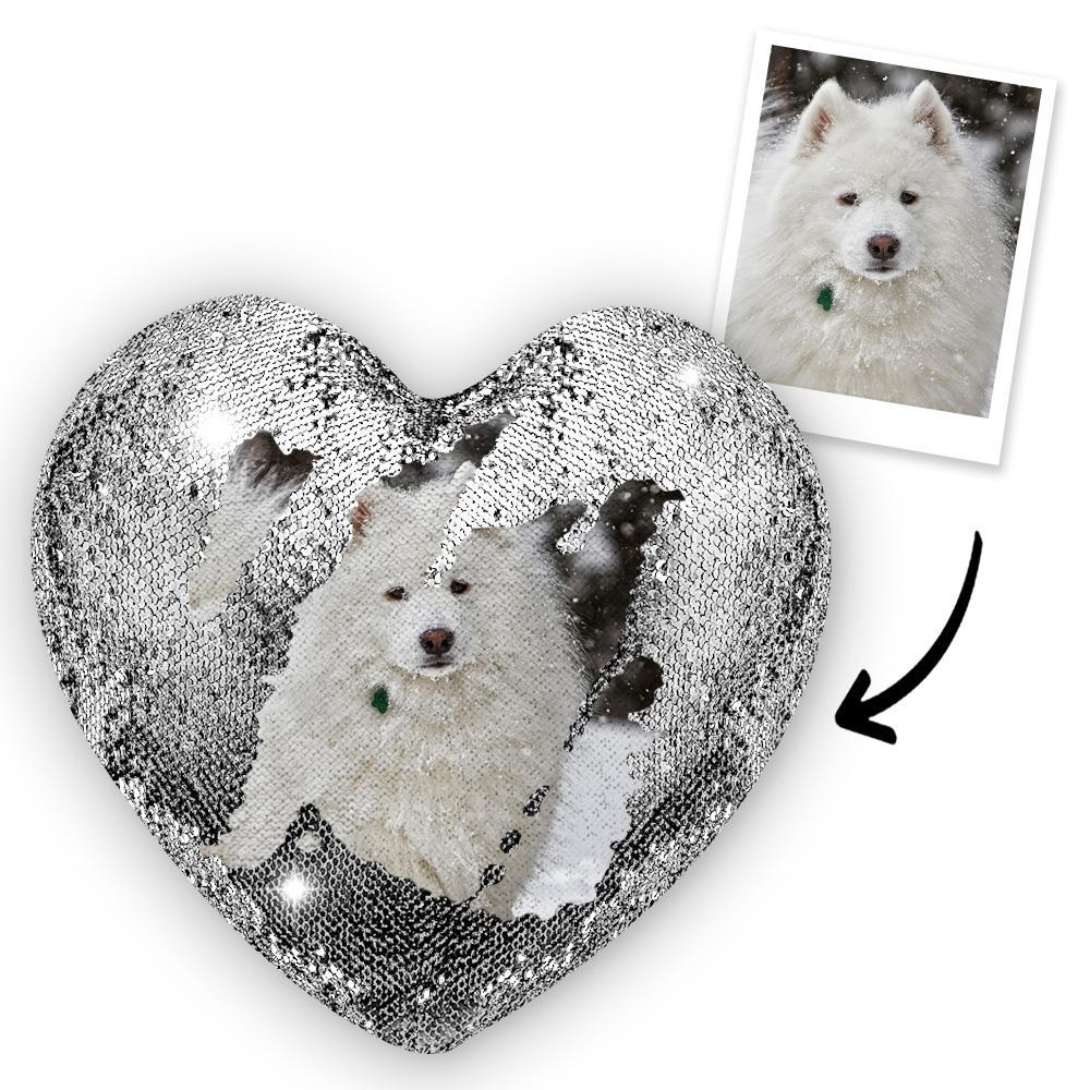 Gift for Mom Custom Photo Pet Magic Heart Sequins Pillow Multicolor Shiny