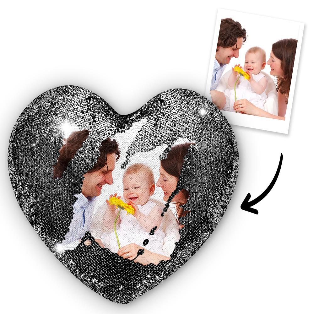 Gift for Her Custom Photo Magic Heart Sequin Pillow Multicolor Shiny