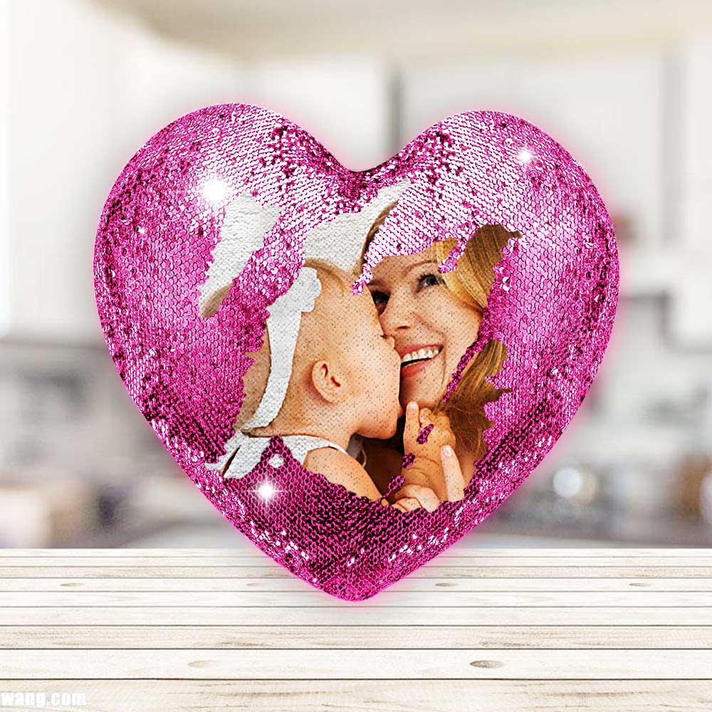 Gift for Mom Custom Love Heart Photo Magic Sequin Pillow Multicolor Shiny Mother's Day Gifts