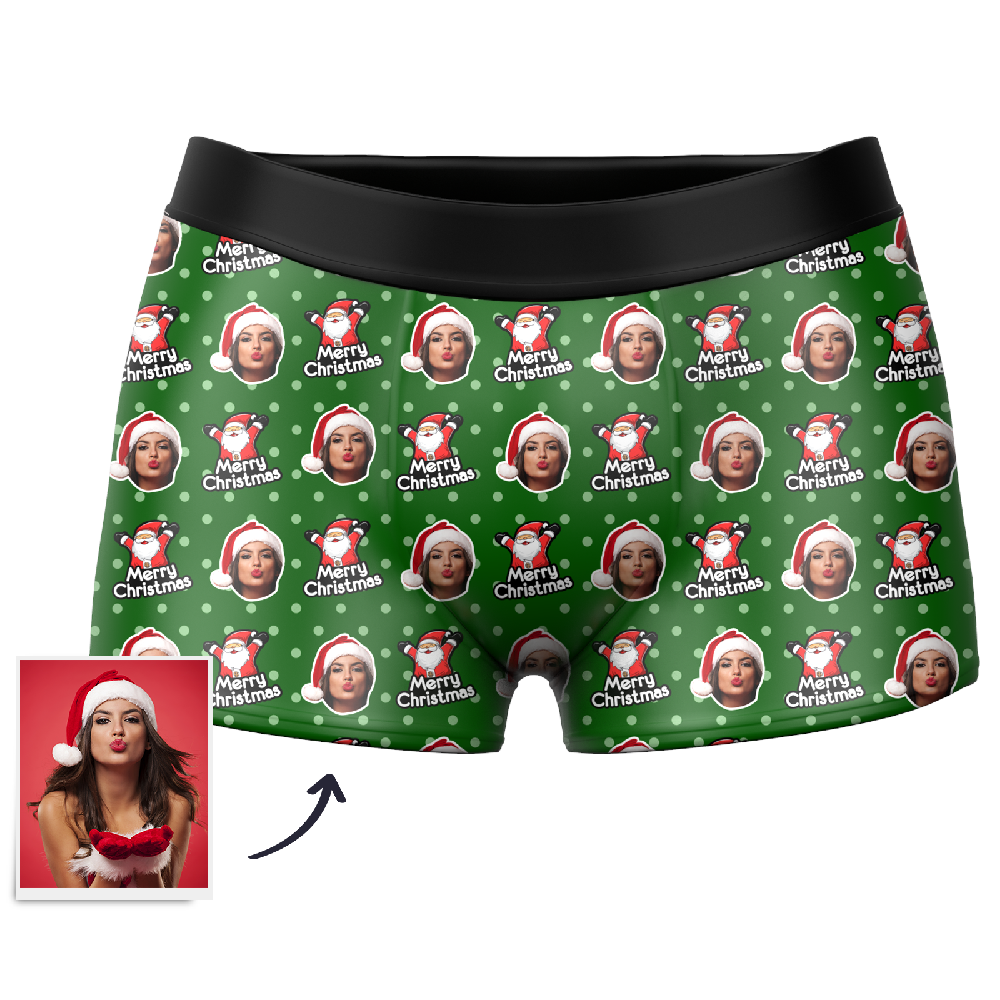Men's Christmas Hat Custom Santa Claus Face Boxer Shorts, Custom Underwear For Men