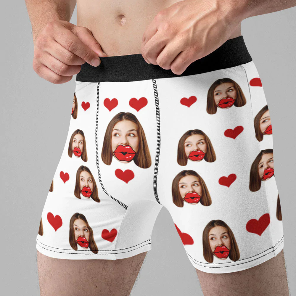 Custom Face Boxers Personalized Heart and Lips Underwear Valentine's Gifts for Boyfriend