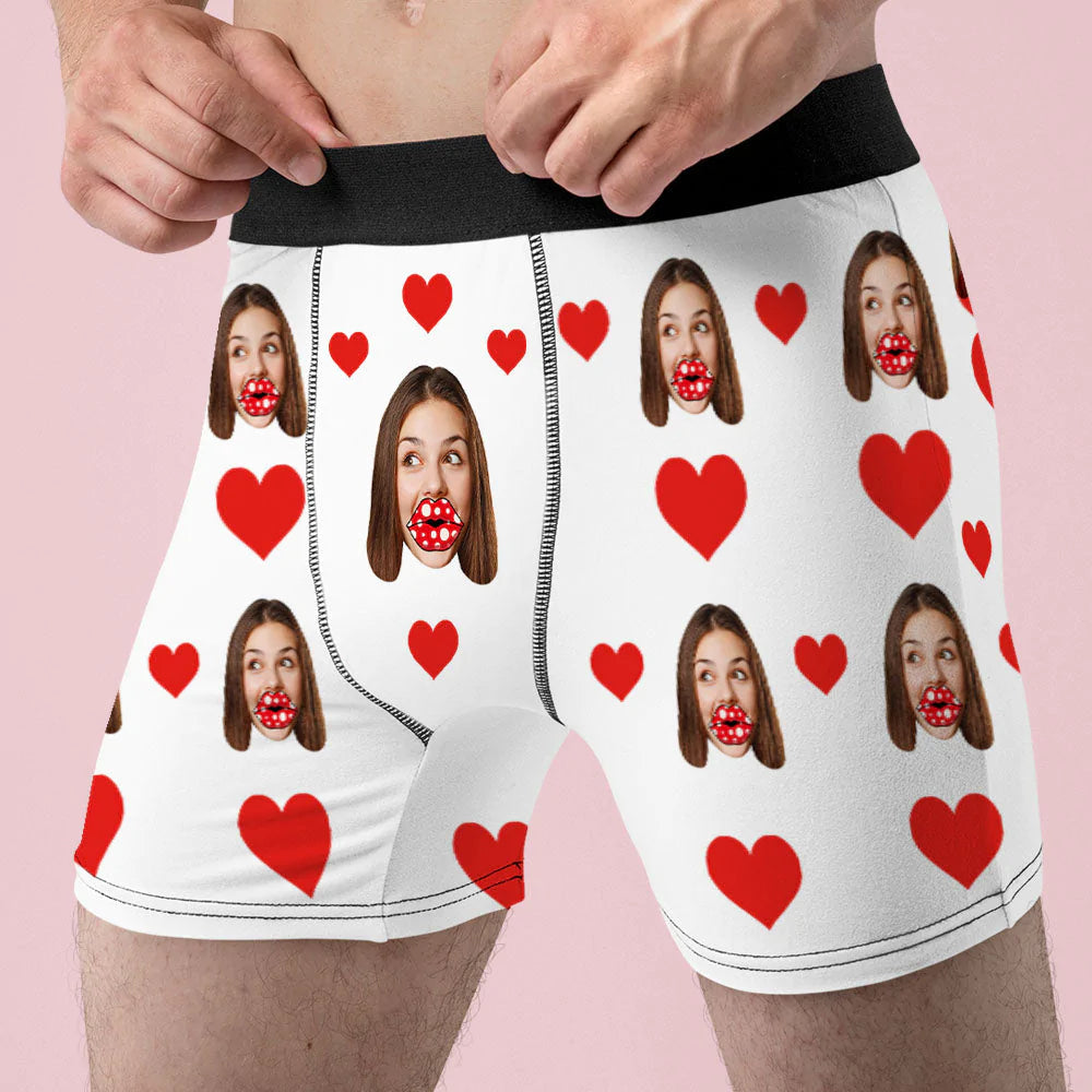 Custom Face Boxers AR View Personalized Heart and Lips Underwear Gift For Boyfriend