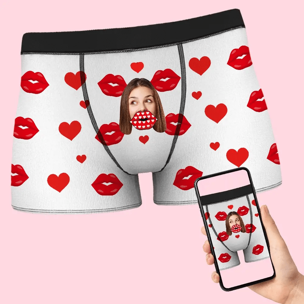 Custom Face Heart Boxer AR View Personalized Funny Lips Boxer Shorts Valentine's Day Gift