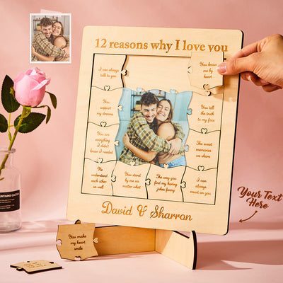 12 Reasons Why I Love You Custom Photo Name Acrylic Wooden Puzzle - Get Photo Blanket