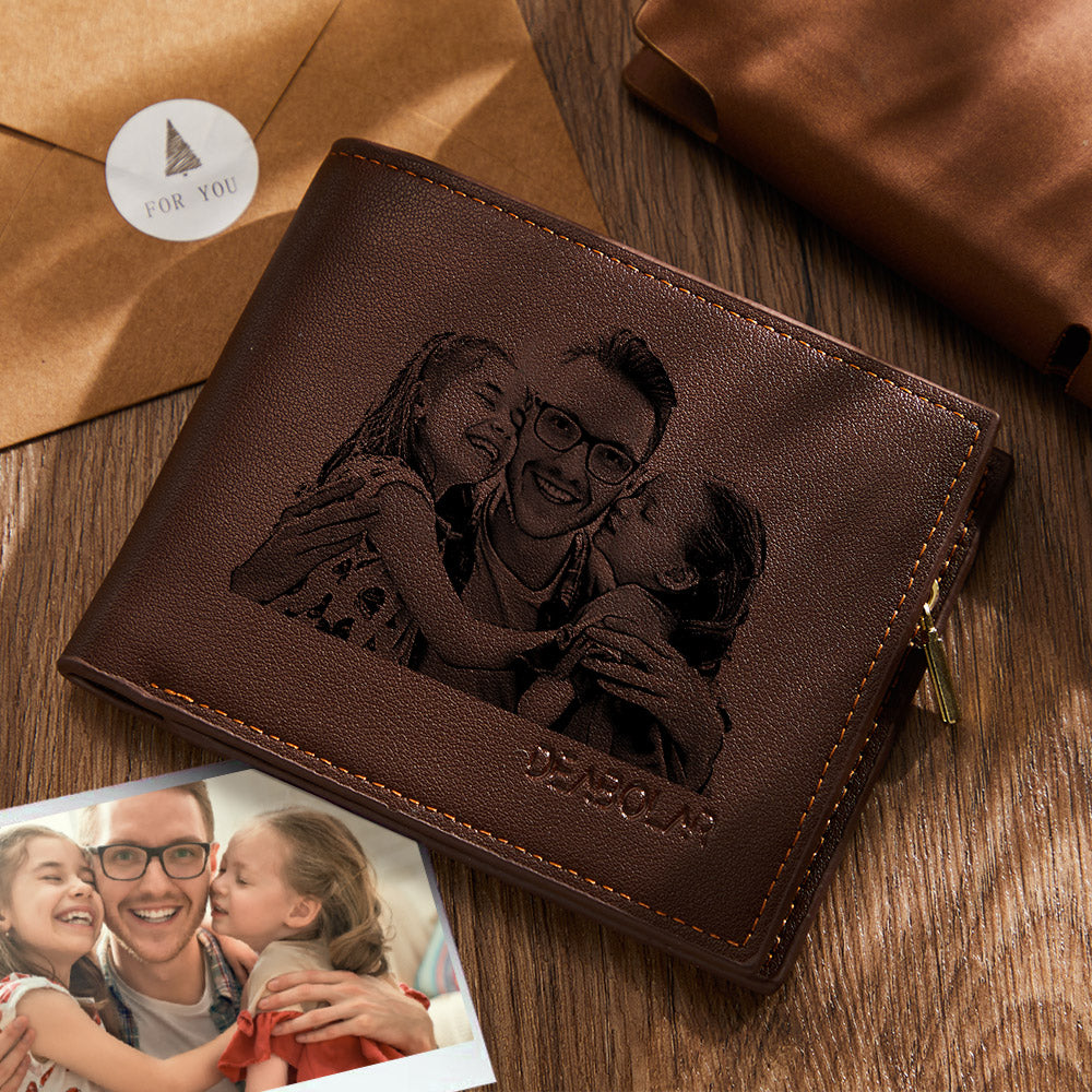 Gift for Dad Men's Trifold Custom Photo Wallet - Brown