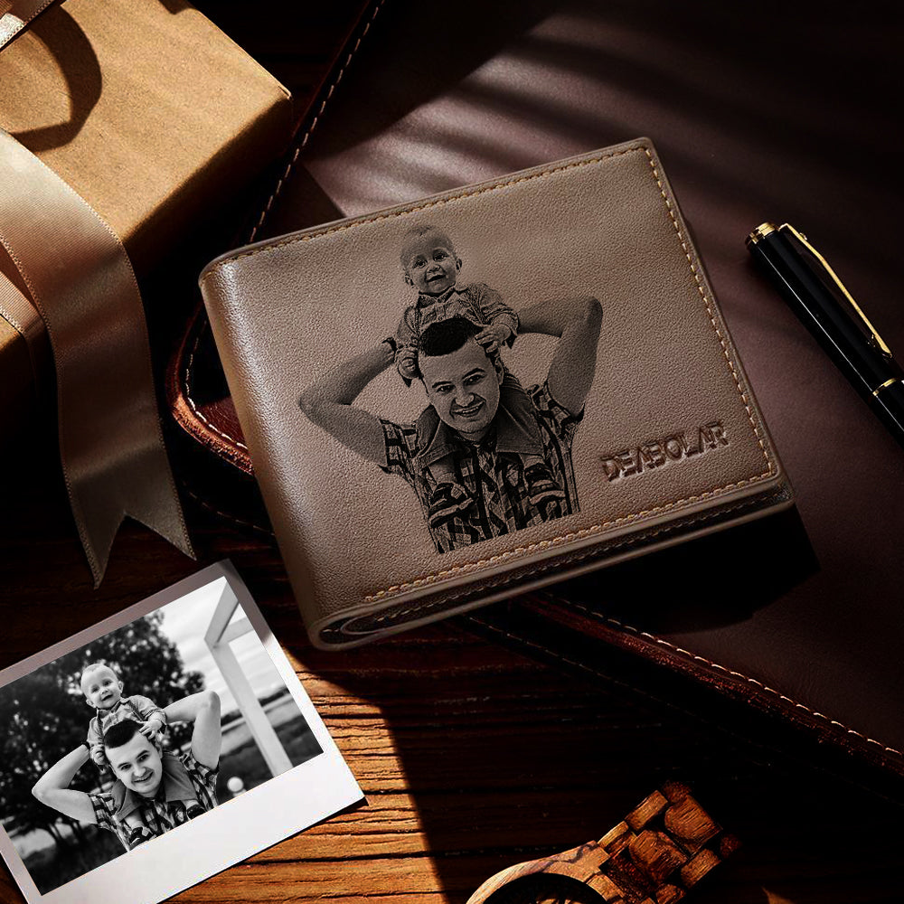 Gift for Dad Men's Trifold Custom Photo Wallet - Brown