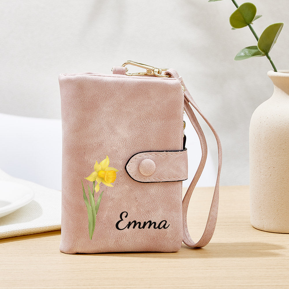 Personalized Name Colorful Birth Flower Wallet Card Holder Birthday Gift for her