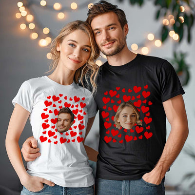 Custom Photo Vintage Tee Personalized Couple T-shirt  Red Hearts Valentine's Day Gifts for Couple