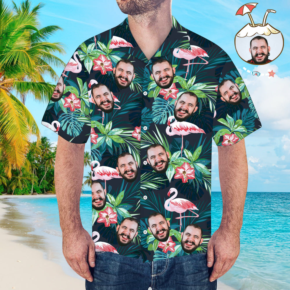 Face on Shirts Custom Hawaiian Shirt with Face Leaves & Flamingo Button Down Shirts