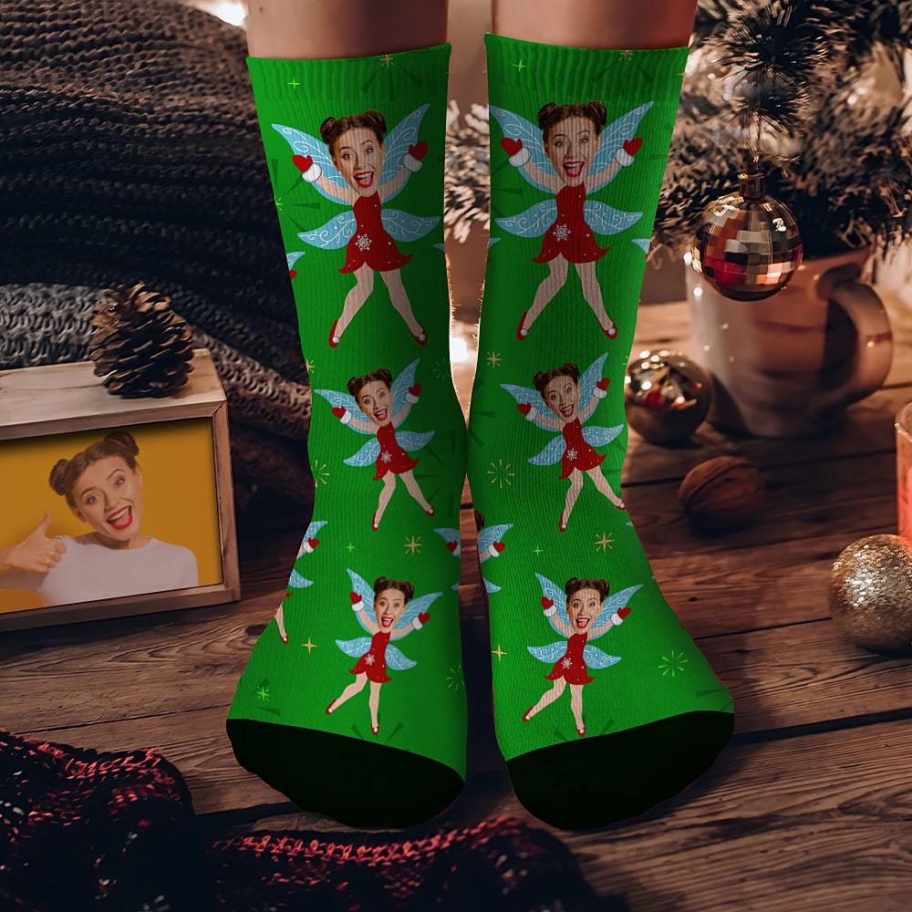 Custom Face Socks Personalized Christmas Elf Socks Christmas Gift Green