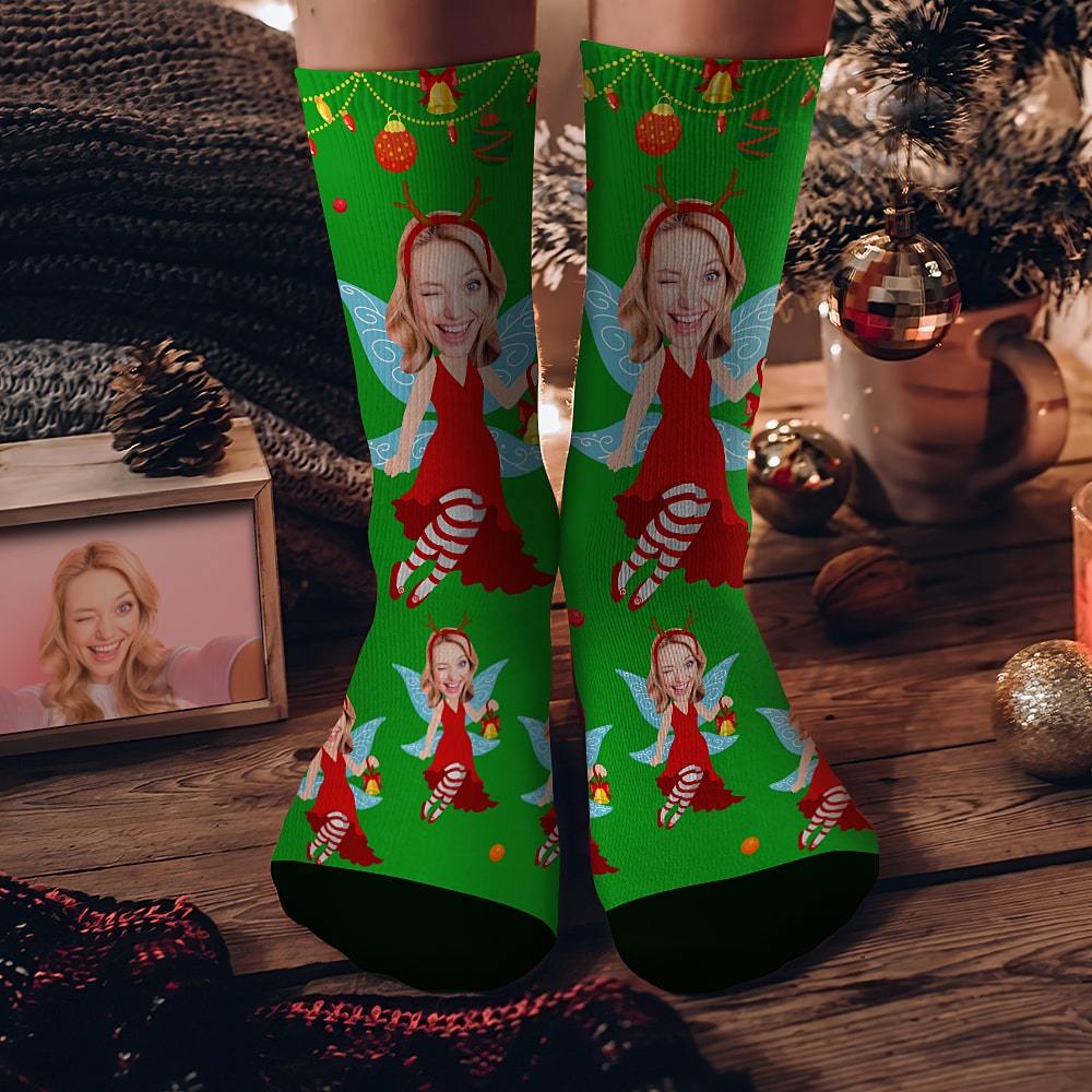 Custom Face Socks Personalized Christmas Elf Socks Christmas Gift Red Dress Girl