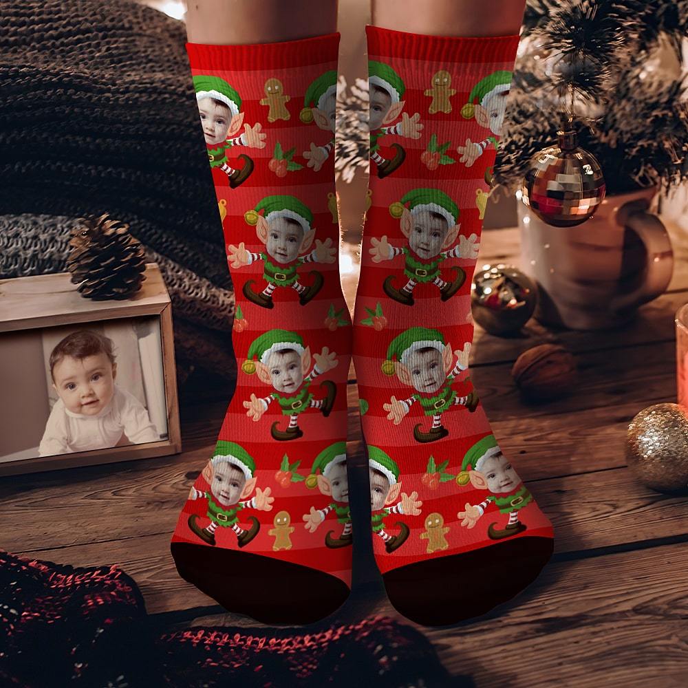 Custom Face Socks Personalized Christmas Elf Socks Christmas Gift Red Streak
