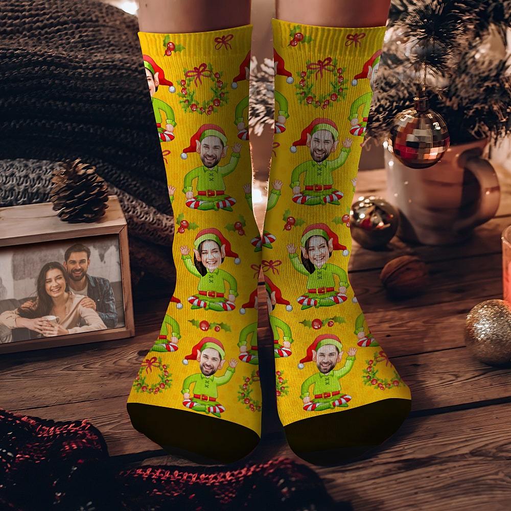 Custom Face Socks Personalized Christmas Elf Socks Christmas Gift for Sweetheart Yellow