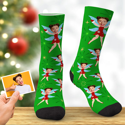Custom Face Socks Personalized Christmas Elf Socks Christmas Gift Green