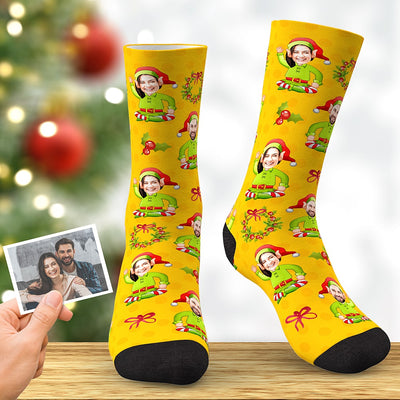 Custom Face Socks Personalized Christmas Elf Socks Christmas Gift for Sweetheart Yellow