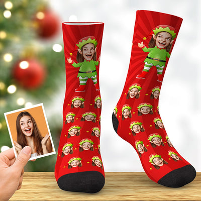Custom Face Socks Personalized Christmas Elf Socks Christmas Gift Red