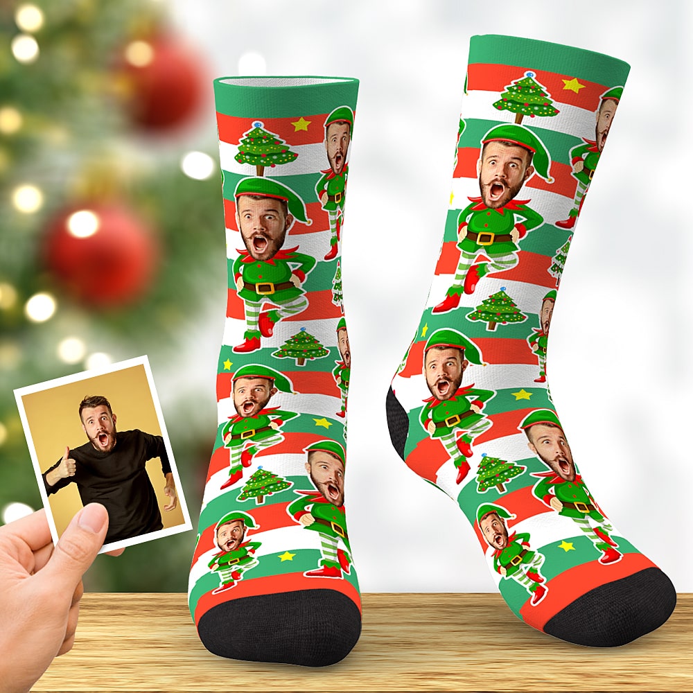 Custom Face Socks Personalized Christmas Elf Socks Christmas Gift Color Fringe
