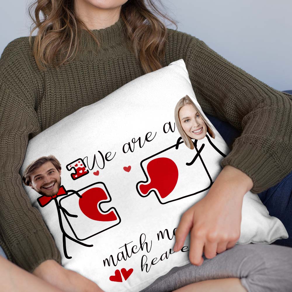 Custom Matchmaker Face Pillow Heartbeat Puzzle Personalized Couple Photo Throw Pillow Valentine's Day Gift