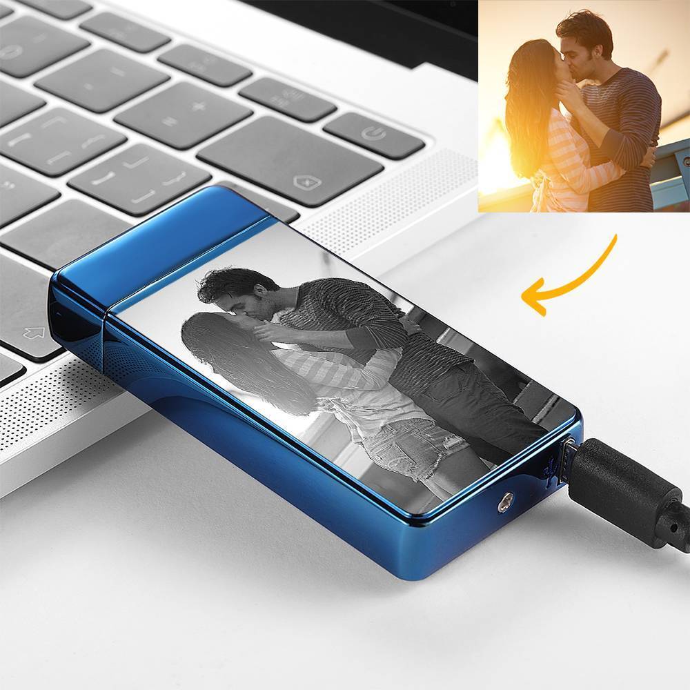 Custom Men's Electric Blue Couple Gift Photo Lighter, Engraved Lighter