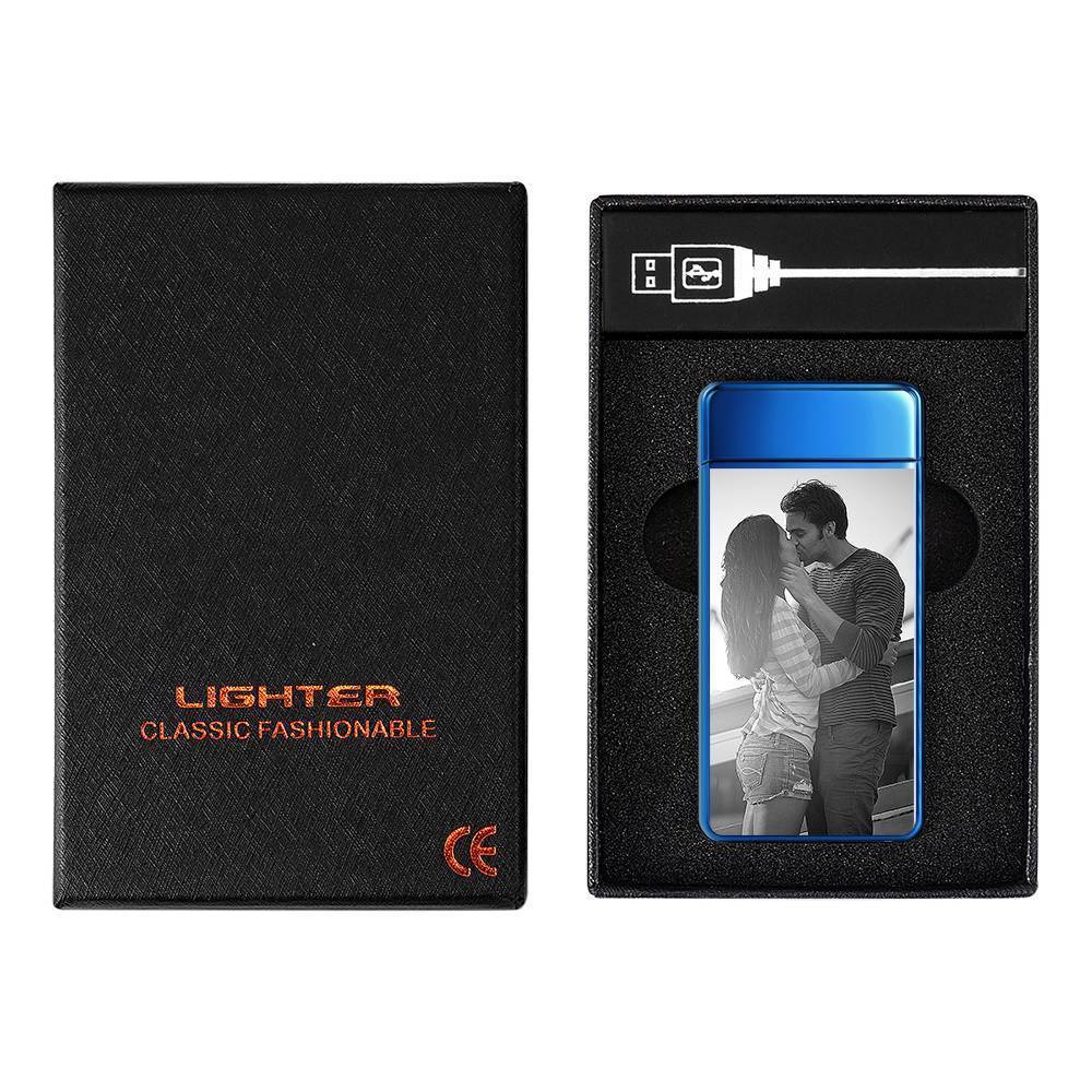 Custom Men's Electric Blue Couple Gift Photo Lighter, Engraved Lighter