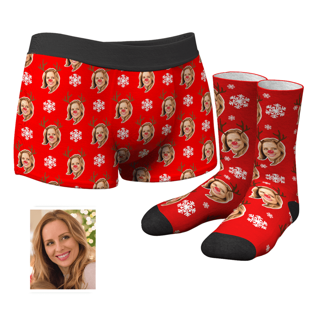 Men's Custom Christmas Reindeer Face Boxer Shorts And Socks Set