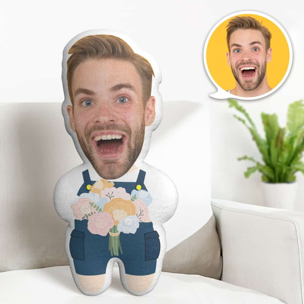 Valentine's Day Gift Custom Face Pillow, Cartoon Man Holding Flowers Face Doll, the Best Gift for Lover