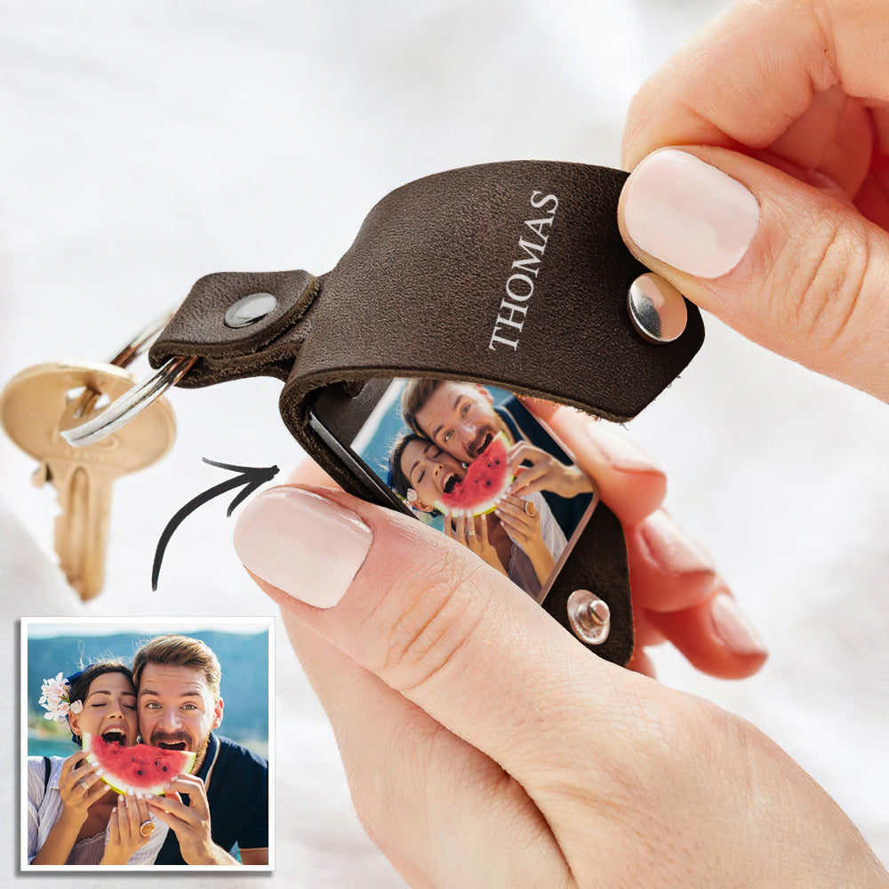 Personalized Photo Keychain Custom Leather Keyring Birthday Gifts for Him or Her