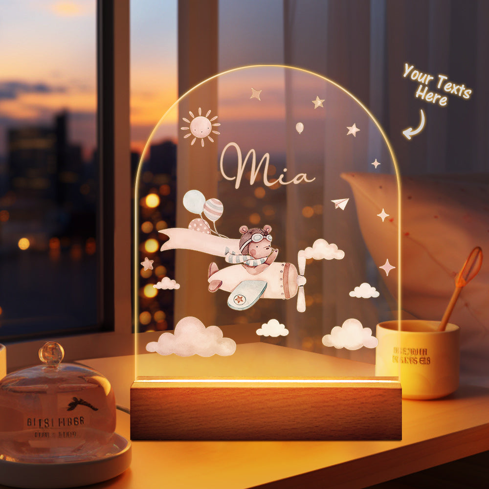 Personalised Baby Night Light With Wooden Base Custom Name Nursery Animals Light Baby Gift