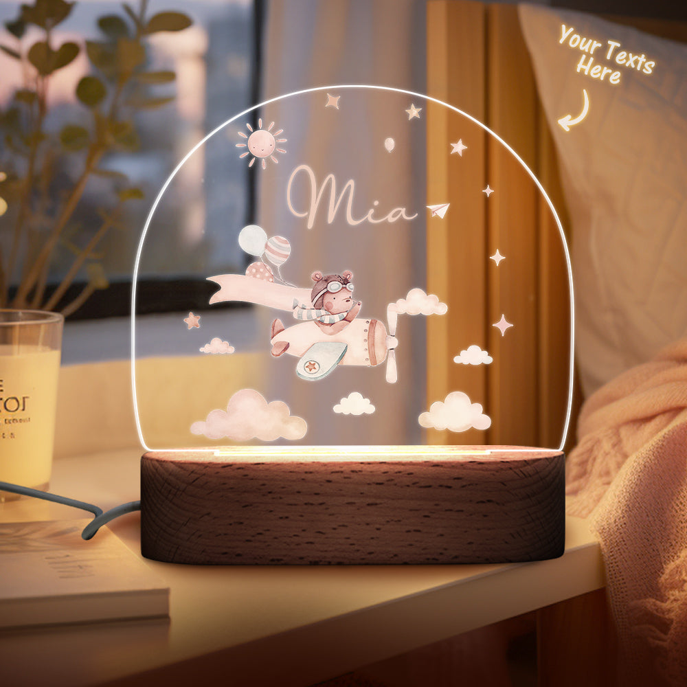 Personalised Baby Night Light With Wooden Base Custom Name Nursery Animals Light Baby Gift