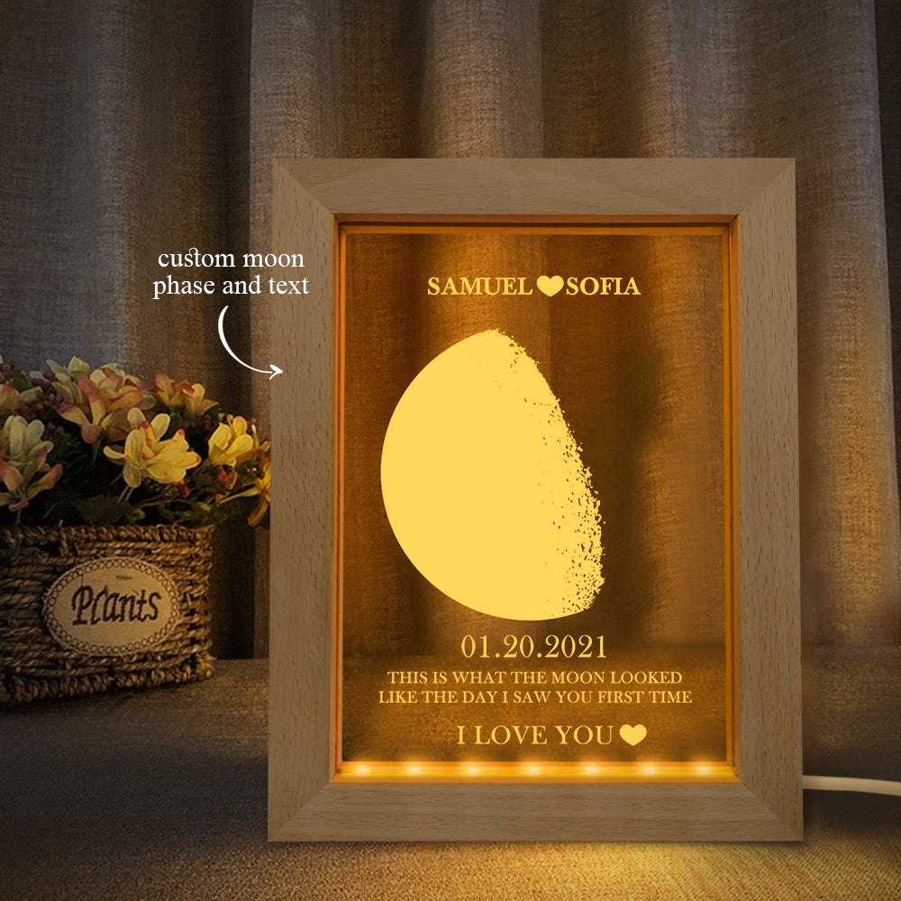 Custom Moon Phase and Names Wooden Frame with Your Text Moon Phase Gifts Collection