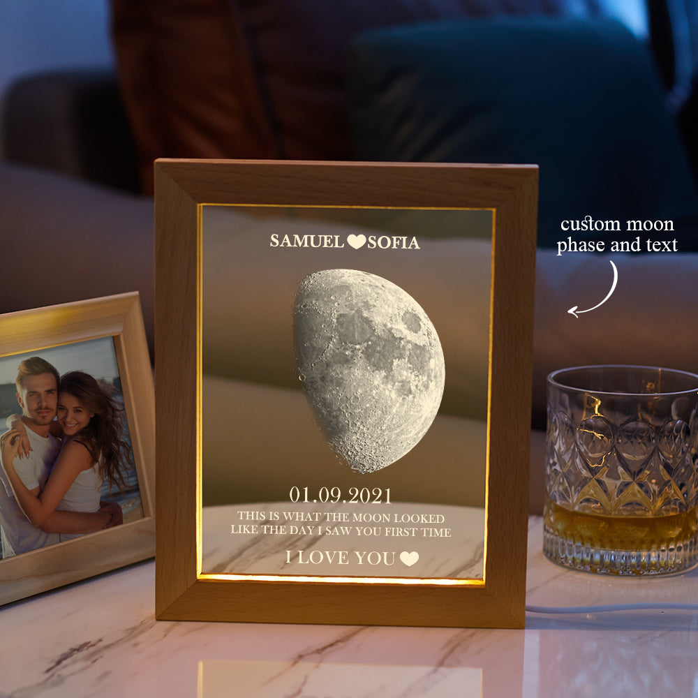 Custom Moon Phase and Names Wooden Frame with Your Text Moon Phase Gifts Collection