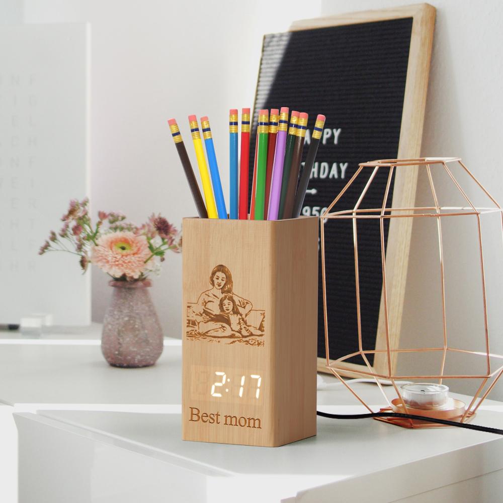 Custom Photo Pen Container Wooden Lamp with Text Gifts for Kids