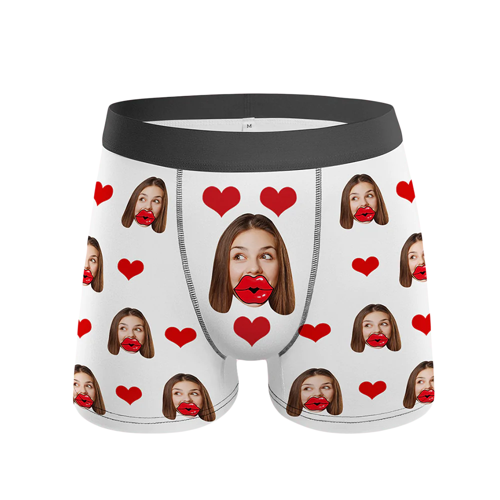 Custom Face Boxers Personalized Heart and Lips Underwear Valentine's Gifts for Boyfriend