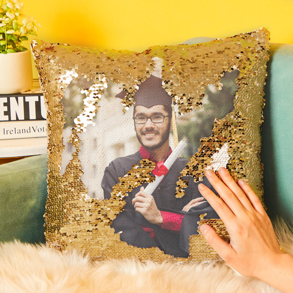 Personalized Graduation Gifts Custom Photo Magic Sequins Pillow Multicolor Shiny 15.75''*15.75''